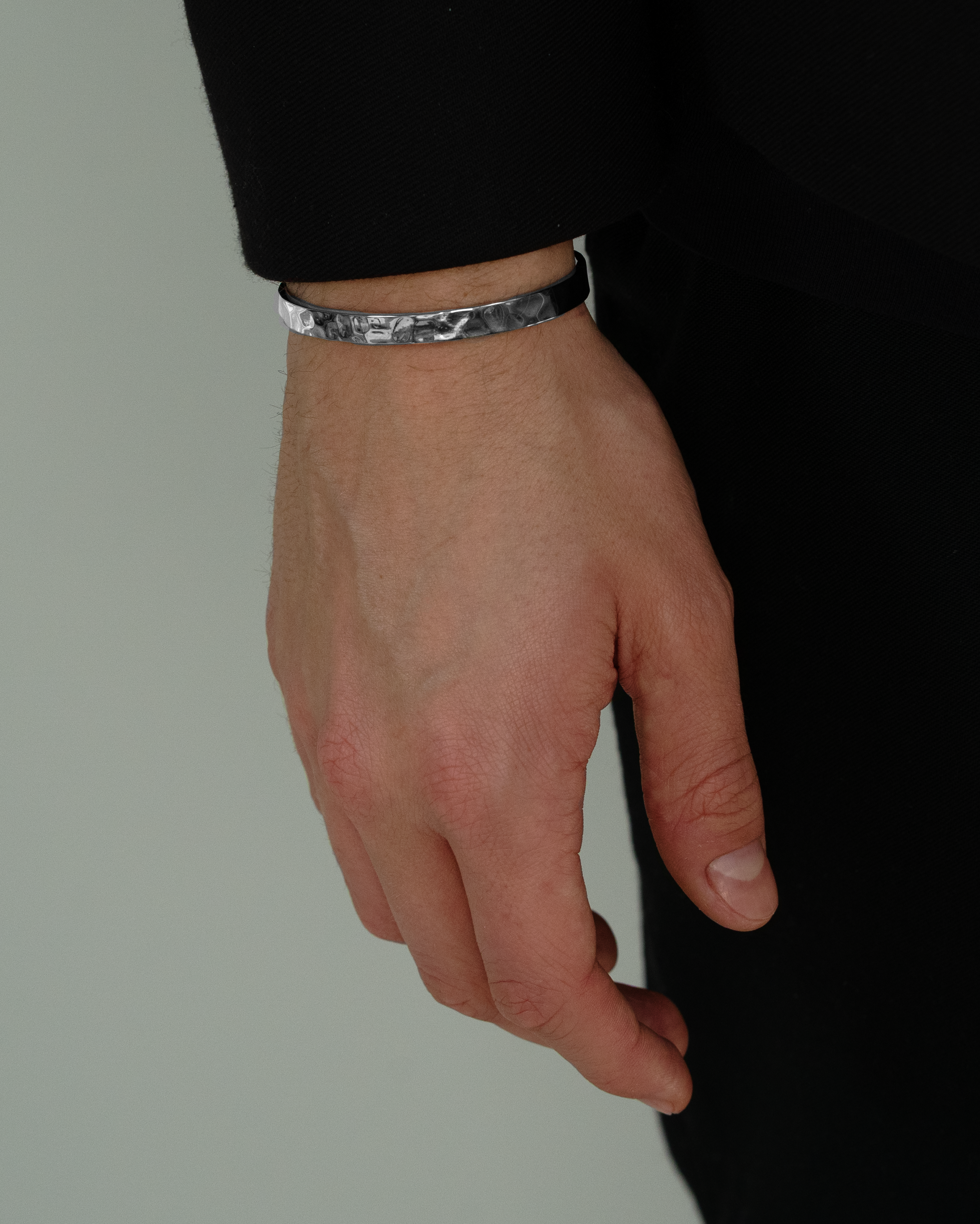 Men's Silver Bracelet, Bangle on model Acardi. Minimalistic. Men's jewellery.