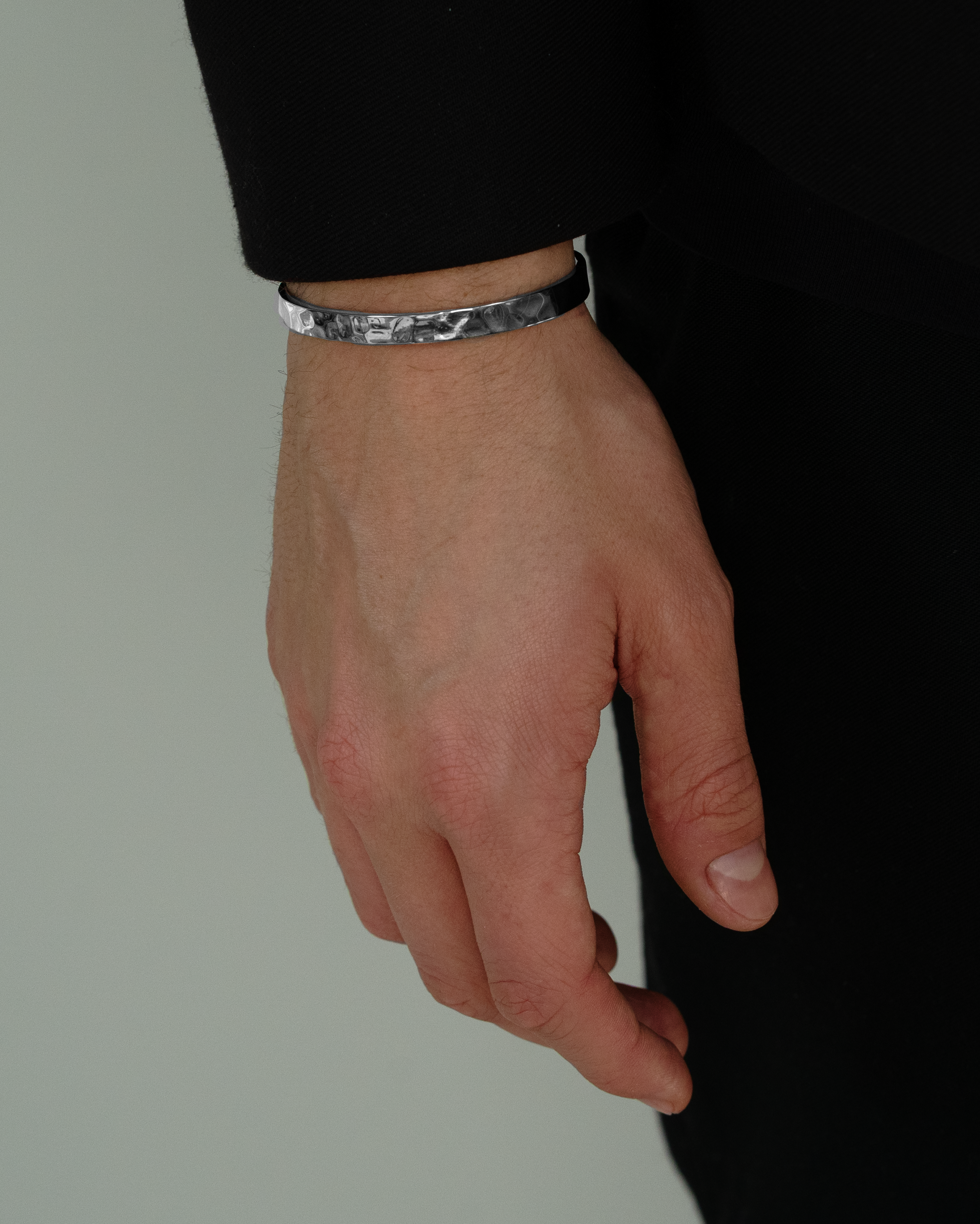 Men's Silver Bracelet, Bangle on model Acardi. Minimalistic. Men's jewellery. 